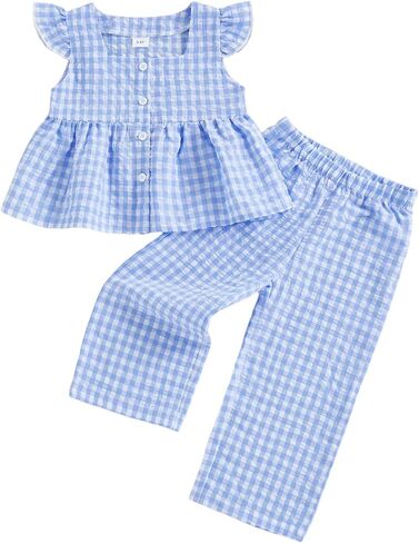 FOCUSNORM Toddler Baby Girl Clothes Flying Sleeve Plaid Button Up Tops Pants Sets Infant Cute Baby Girl Summer Outfits in Saudi Arabia