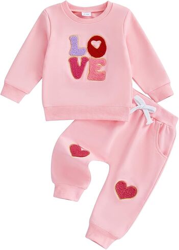 Madjtlqy Toddler Baby Girl Valentines Outfit Love Letter Embroidered Long Sleeve Sweatshirt Pants Set 2pcs Spring Clothes in Saudi Arabia