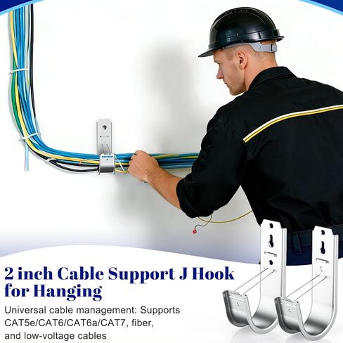 ForoGore 100 Pack 2 Inch J Hook Wall Mount J Hook with Retainer Clip Galvanized Steel Wall Cable Hooks Smooth Round Edge J Hook for Hanging Wire Cable Management & Organization Solution in Kuwait