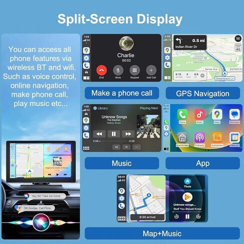 شاشة Apple CarPlay المحمولة عالية الدقة مقاس 9 بوصات لتشغيل السيارة اللاسلكية وشاشة لمس تلقائية تعمل بنظام Android، مع كاميرا احتياطية/ملاحة GPS/موسيقى/تحكم صوتي/بلوتوث/AUX/FM للسيارات والشاحنات in Kuwait