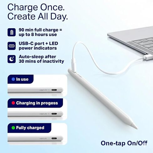 قلم ستايلس لجهاز iPad - لقلم Apple Pencil USB-C مع حساسية للإمالة، رفض راحة اليد، شحن سريع - قلم iPad لعام 2018-2025 Pro/Air/Mini، قلم Apple للرسم وتدوين الملاحظات in Kuwait
