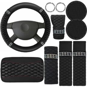 Bling Car Accessories Set Leather Diamond Steering Wheel Cover Bling Seat Belt Shoulder Pad Armrest Pad Crystal Car Decor Bling Car Cup Holders Travel Auto Cup Holder for Car Interior (Black, Red)