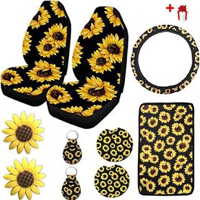 Ldntly 10PCS Sunflower Accessories for Car Wheel Cover,2PCS Front Seat Covers,Sunflower Pattern Center pad,2PCS Cup Holder Coaster and Sunflower Keyring, Car Vent Sunflower