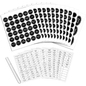SWOMMOLY 771 Printed Spice Jar Labels with Extra Write-on Labels, Pantry Stickers and Chalk Marker Pen. Chalkboard and Transparent Labels Set
