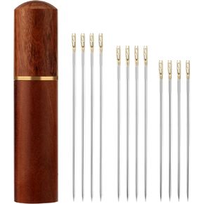 12pcs Self Threading Needles, 3 Sizes Top Hanging Needles Embroidery Blind Needles Kit with Sandalwood Needle Box Hand Yarn Knitting Stitching Needles for DIY Embroidery Mending Sewing Projects (Gold)