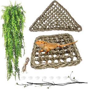 Reptile Lounger,Bearded Dragon Hammock,100% Natural Seagrass Reptiles Hammocks Hanging Plants Climbing Jungle Vines Flexible Leaves Habitat Decoration for Lizard Geckos Snakes (4 PCS)