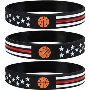Sainstone Basketball Inspirational Silicone Bracelets with American Flag, Thin Red Line Motivational Rubber Wristbands Gifts for Patriots, Men, Women, Youths Teens and Sport Fans