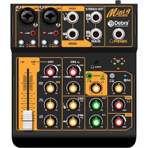 Audio Mixer D Debra Audio Mini4 Portable 4-Channel DJ Mixer Console, Sound Mixing Board with USB Bluetooth 48V Phantom Power, Audio Console for Live Wedding Party Recording Broadcast (Mini4)