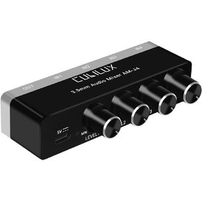 خلاط صوت Cubilux 4 قنوات 3.5 مم، خلاط صوت صغير منخفض الضوضاء للغاية للخلط الفرعي، محول صوت 1/8 بوصة 4 قنوات DC 5V، مناسب لنظام الصوت الذكي، الجيتارات، الجهير، لوحات المفاتيح in Kuwait