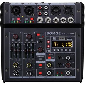 BOMGE 04E karaoke Audio mixer,4 Channel Mixer With Dual UHF Wireless Mic, Sound Board Console MP3 Bluetooth 48V Phantom Power USB Audio Interface DJ Mixing for Party Computer Studio Recording (04E)