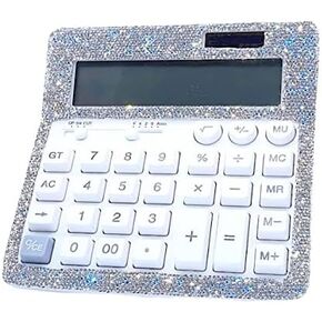 Rhinestone Calculator Crystal Calculator Standard Desktop Calculator with 12 Digit LCD Display by Battery and Solar Powered Bling Calculator for Women and Girls (White)
