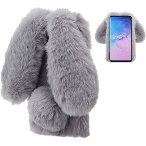 حافظة LCHDA على شكل أرنب متوافقة مع هاتف Samsung Galaxy S23 FE 5G، آذان أرنب ثلاثية الأبعاد لطيفة، كرة شعر فروي ناعمة، فرو صناعي دافئ للشتاء، غطاء واقٍ من مادة TPU للنساء والفتيات - أسود