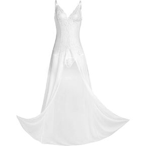 KKmeter Women's See-Through Lace Babydoll Dress Nightwear Split Long Gown with G-String