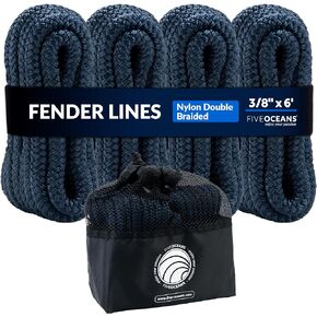 Five Oceans 4-Pack 3/8" x 6' Boat Fender Lines with 5" Eyelet, Boat Ropes for Docking with Loop, Marine-Grade Navy Blue Premium Nylon Double Braided Boat Rope - FO4699