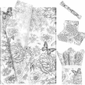 Bolsome 100 Sheets 20 * 14 Inches Vintage Floral Printed Tissue Paper Black White Flowers Butterfly Gift Wrapping Tissue Paper for Mother's Day Birthday Bridal Shower Wedding DIY Craft