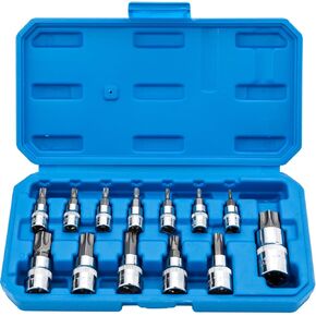 Torx Bit Socket Set 13pcs 3/8" Dr. T8 - T70 E Star Premium S2 Alloy Steel Cr-V Steel Star Socket Torx Bits Metric 1/4, 3/8 and 1/2-Inch Drive