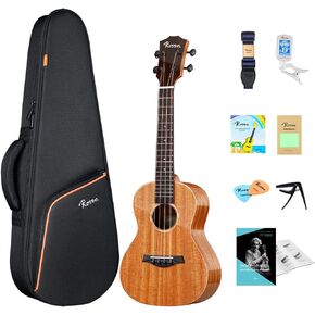 Rosen Concert Ukulele Solid Mahogany 23 inch Professional Ukelele Starter Bundle Kit with Lesson Book Gig Bag Tuner Capo Picks Strings
