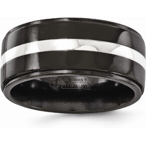 Titanium Men's Black Titanium Men's and 925 Sterling Silver-Inlay 10mm Men's Plain Classic Wedding Band Ring
