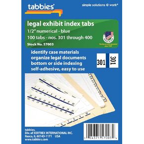 Tabbies Legal Numerical Exhibit Index Tabs, Blue Color Edge, 1/2" Tabs, 100 Tabs/Pack (57000), #1-100