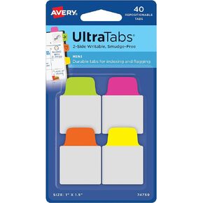 Avery Mini Ultra Tabs, 1" x 1.5", 2-Side Writable, Assorted Neon Colors, 40 Repositionable Tabs (74759)