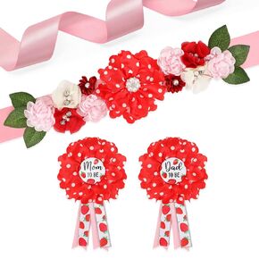 Vansolinne Strawberry Maternity Sash Corsage Set Mom to Be Dad to Be Corsage Berry Sweet Themed Baby Shower Decorations Red Pink Belly Belt Gender Revealed Party Gift Keepsake Pregnancy Photo Props