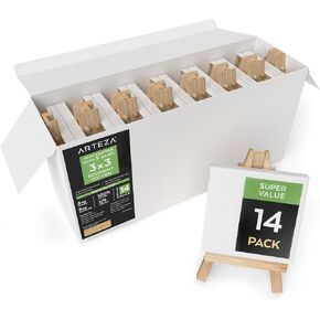 ARTEZA Small Canvases for Painting with Easels, Pack of 14, 3 x 3 Inches, Blank White Canvas for Painting, Art Supplies for Acrylic, Oil and Gouache