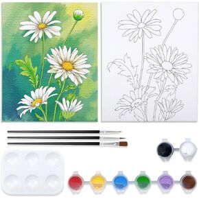 VOCHIC Paint and Sip Kit, Daisy Pre Drawn Canvas Painting Kit for Adults Kid Painting Twist Party Supplies for Beginner Gift Favor, 8 Acrylic Colors, 3 Brushes,1 Pallet,1 Image Art Craft Set(8x10)