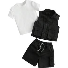 Verdusa Boy's 3 Piece Outfits Solid Tee Sleeveless Zip Up Cargo Vest and Shorts Sets