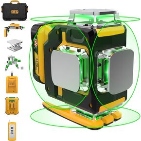 مستوى ليزر 360 ذاتي التسوية، مستوى ليزر أخضر 4x360 من DEGLASERS مع بطارية قابلة لإعادة الشحن 12 فولت (40 ساعة)، جهاز تحكم عن بعد، حامل دوار مغناطيسي، حقيبة حمل صلبة للبناء