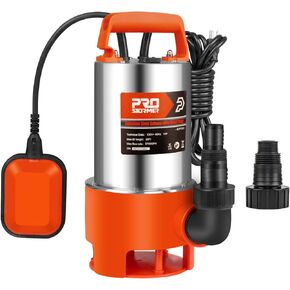 Stainless Steel Sump Pump, Prostormer 1HP 3700GPH Submersible Clean/Dirty Water Pump with Float Switch for Fresh Water, Mains Water, and Pool Water Orange