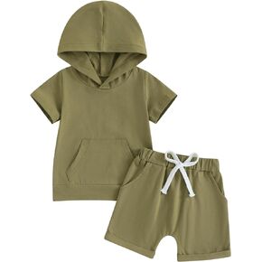 Baby Boys Summer Plain Outfits Short Sleeve Hooded Sweatshirt Shorts Set Toddler Boy Casual Clothes Set