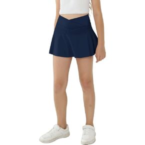 Girl's Sport Skirts with Pockets Shorts Cross High Waist Tennis Golf Skort Solid Color Athletic Workout Skirt