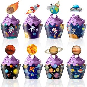 Universe Planet Cupcake Toppers Space Astronaut Cupcake Wrappers for Baby Shower Birthday Outer Space Themed Party Cake Decorations Supplies