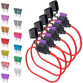 10 Gauge Fuse Holder ATC/ATO, SIM&NAT 5 Packs In-Line Automotive Blade Fuse Holder with 65PCS Standard Car Fuses, 1A 2A 3A 4A 5A 7.5A 10A 15A 20A 25A 30A 35A 40A Automotive Replacement Fuses