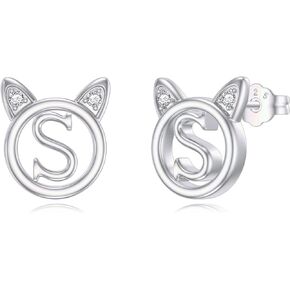 CTIEIP 0.06cttw Natural Diamond Sterling Silver Initial Stud Earrings Alphabet A-Z Stud 14K Gold Plated Hypoallergenic Earrings Dainty Cute Cat Stud for Girls Best Birthday Gift for Women