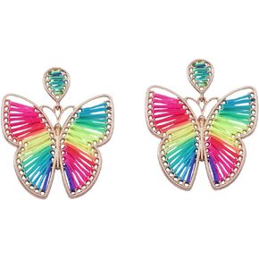 DaWong Butterfly Earrings Large Rainbow Raffia Weaving Boho Earring Colorful Straw Butterfly Vintage Sweet Pendent Handmade Earrings