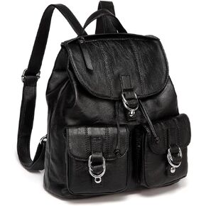 VASCHY Backpack Purse for Women, Fashion Faux Leather Buckle Flap Drawstring Backpack for College with Two Front Pockets Black