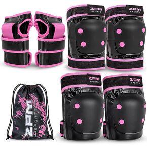 2PM SPORTS Knee Pads for Women, Wrist Guards Knee and Elbow Pads Set for Kids with Drawstring Bag, Protective Gear Set for Girls Roller Skating Skateboard - Pink & White Large