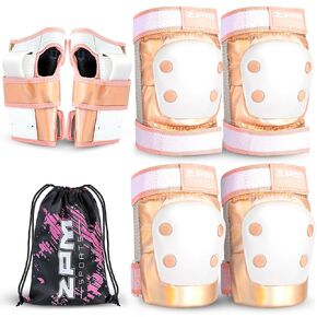 2PM SPORTS Knee Pads for Women, Wrist Guards Knee and Elbow Pads Set for Kids with Drawstring Bag, Protective Gear Set for Girls Roller Skating Skateboard - Pink & White Large
