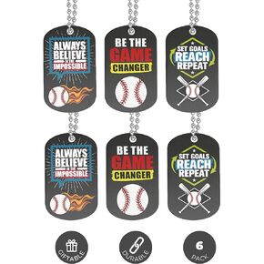 (6-pack) Baseball Motivational Dog Tag Necklaces - Baseball Gifts in Bulk for Baseball Team Uniform Accessories - Baseball Party Favors Sports Prizes Awards for Youth Teen Boys Girls Adults Men Women