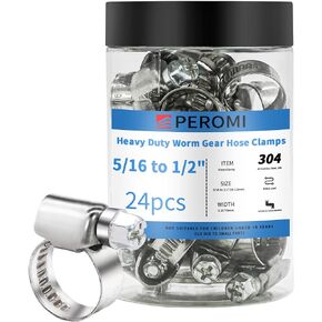 Hose Clamps, PEROMI 304 Stainless Steel Worm Gear Drive Mini Hose Clamp Adjustable Range 5/16" to 1/2", Heavy Duty Metal Fuel Line Pipe Clamp for Plumbing, Automotive And Mechanical,24pcs