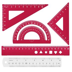 Honagu Triangular Ruler Set, 4+1Pieces Aluminum Alloy Ruler, Metal Drafting Ruler, Geometric Protractor for Students, School Office Supplies (Red, 20cm)