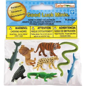 Safari Ltd. Good Luck Minis Predators Fun Pack – 8 Mini Figurines of Blue, Great White, & Tiger Sharks, Bald Eagle, Lion, Cheetah, Alligator, Snake – Educational Toy Figures Boys, Girls & Kids Ages 5+