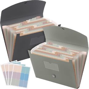 Harloon 2 Pack 24 Pockets Expanding File Folder with Cover Labels, Expanding File Organizer with Expandable Cover, Desktop Folders Letter A4 Paper Document Storage Organizer (Blue, Green)
