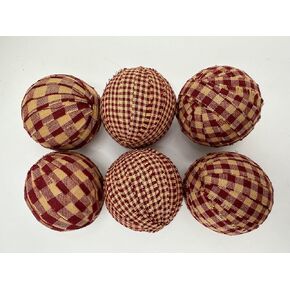 Rag Balls Set of 6 Burgundy Gingham 2.25 In. Diameter Bowl Filler Country Prim Decor