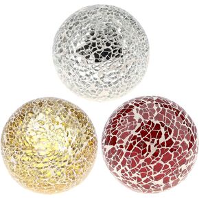 3 Pieces Decoration Balls 3.15 Inch Mosaic Glass Sphere Round Orbs Vase Dining Table Decoratives (Silver, Gold, Red)