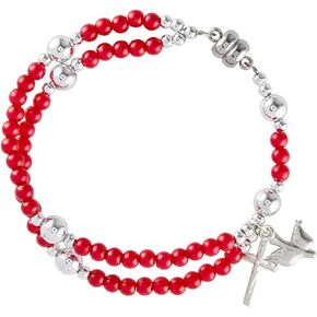 Needzo Red Confirmation Rosary Bracelet with Clasp, Includes Cross and Dove Dangle, Religious Gifts, One Size Fits Most