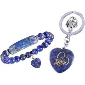TUMBEELLUWA Bracelet, Modern Lapis Lazuli Stone Strand with Heart Charm, Tree of Life Charm Key Ring, 7in, Unisex Jewelry