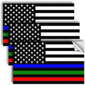 3PC Reflective Thin Line American Flag Sticker - 5x3 Inches - Blue Green and Red Line Decal - US Flag Decals - USA Support Police Military and Firefighter Officers Troops Car Truck Automotive Bumper