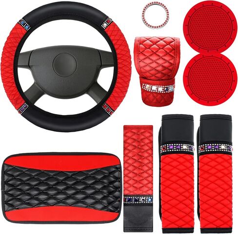 Bling Car Accessories Set Leather Diamond Steering Wheel Cover Bling Seat Belt Shoulder Pad Armrest Pad Crystal Car Decor Bling Car Cup Holders Travel Auto Cup Holder for Car Interior (Black, Red) in Saudi Arabia